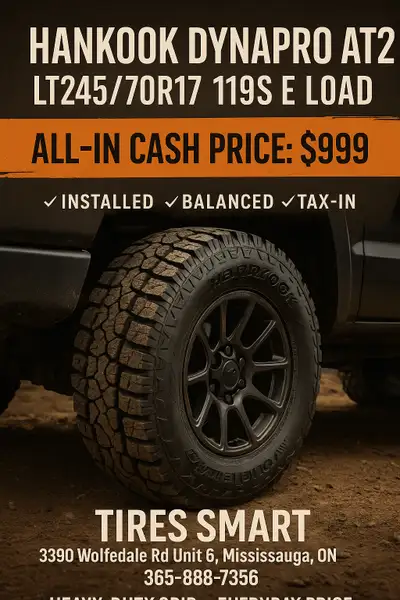 Hankook Dynapro AT2 RF11 LT245/70R17 119S E Load All-In Cash Price: $999 Installed | Balanced | Tax-...
