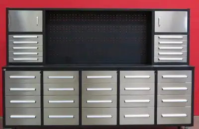 NEW 30 DRAWER STAINLESS STEEL 10 FT TOOL BENCH 30D10FTB SALE $2595.00 10 FT STAINLESS STEEL GARAGE C...
