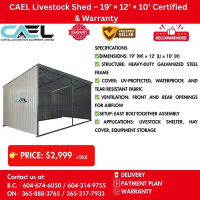New CAEL Livestock Shed 19 12 10 Certified & Warranty 2,999 CAEL Livestock Shed 19 12 10 Durable She...