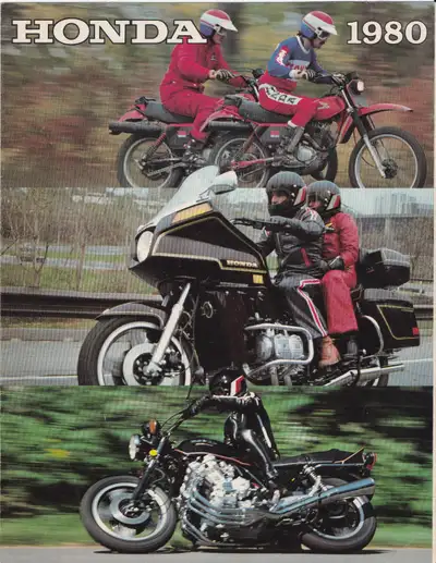 1980 Honda motorcycles full range brochure with specifications including the CBX.