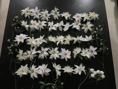 38 White Poinsettia , 6 balls & 5 berries -Christmas decoration, View more