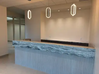 Brand new, very large office. All new porcelain tile, solid wood stained doors. All glass corner off...