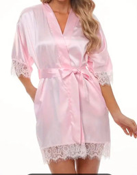 Elegant Pink Solid Satin Lace Trim Robe - New!!!