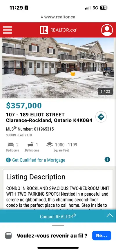 Condo à vendre à 189 Eliot unité 107 à Rockland Ontario Centrale de Rockland, à 5 minutes à pieds du...