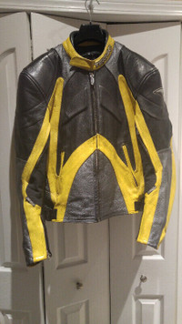 Men's Teknic Leather Motorcycle Jacket in yellow ,grey, black.