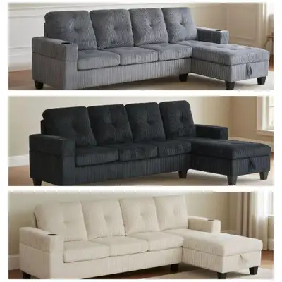 BRAND NEW IN BOX 4 SEATER COUDROY SECTIONAL WITH STORAGE. AVAILABLE IN RIGHT HAND CHAISE SAME AS THE...