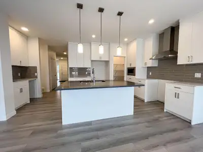 The gorgeous island modular kitchen features stainless steel appliances, quartz countertops, tile ba...