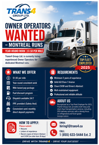 NOW HIRING – OWNER OPERATORS Montreal Runs | Year-Round Work, View more