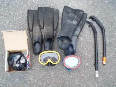 SCUBA DIVING - FLIPPERS, MASK AND SNORKEL  -- 2 SETS, View more