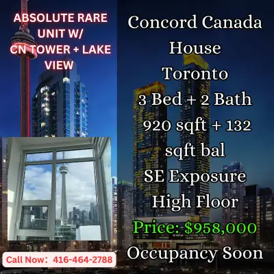 Rare CN Tower + Lake View 3 Bed in Downtown Toronto! This is your chance to own one of the best layo...
