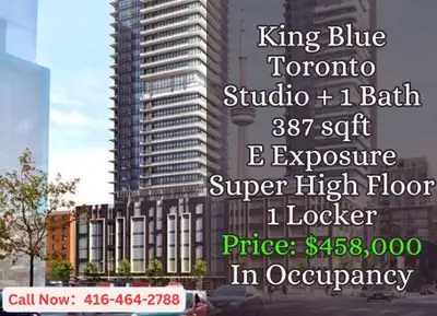 ️ King Blue Toronto ️ Studio | 1 Bath | 387 sqft East Exposure | Super High Floor Includes 1 Locker...