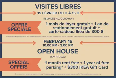 1 Month Free Rent Free Parking Exclusive Open House 2 Months (on 3 bedrooms only) Visitez notre site...