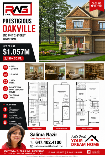 PRE-CONSTRUCTION END UNIT TOWNHOME IN OAKVILLE ✅ End Unit 2-Storey Townhome ✅ Approx. 2,490+ Sq.Ft....