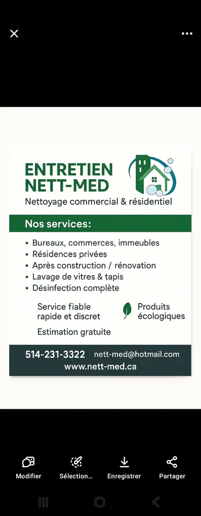 Bonjour, nous sommes une équipe dynamique et professionnelle de nettoyage commercial et résidentiel:...