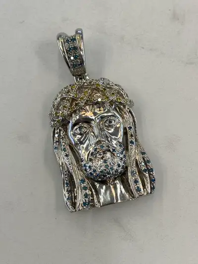 10K White Gold & Coloured Diamond Jesus Pendant, View more