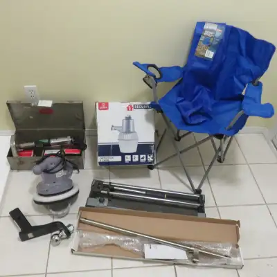 TOOLS, NAIL GUN and METAL CASE, $20, (used),.. TILE CUTTER, $10, (used),.. POLISHER, 10IN M/L, ROTAR...