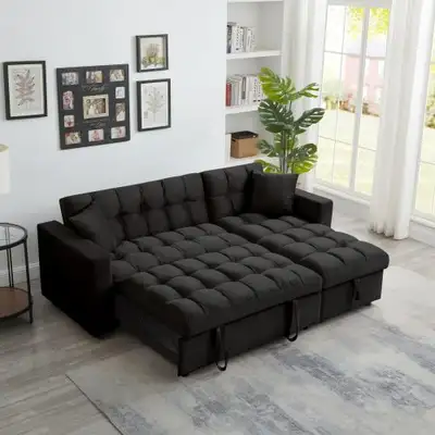 NEW PILLOW TOP VELVET SECTIONAL SOFA SLEEPER BLACK BT2480B, View more