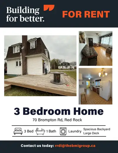 Spacious 3-Bedroom House for Rent in Red Rock, ON Address: 70 Brompton Road, Red Rock Description: T...