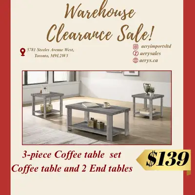 Love a good deal? You'll love our warehouse clearance sale! Coffee table sets starting from $139! Vi...