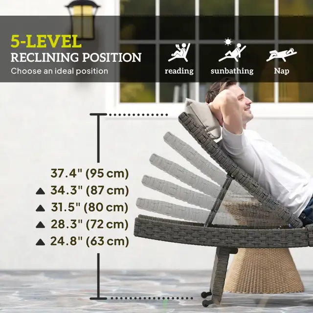 Rattan Folding Outdoor Lounger Chair Recliner with 5-Level Adjus in Patio & Garden Furniture in City of Toronto - Image 5