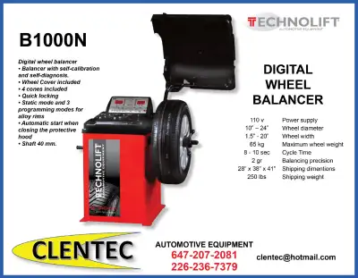 WHEEL BALANCER / TIRE BALANCER PROFESSIONAL GRADE TECHNOLIFT B1000N - $2,035.00 + HST CLENTEC AUTOMO...