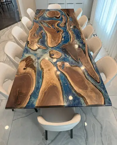 Tables with live edges and epoxy river, View more