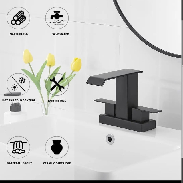 2 Handle 4 Inch Bathroom Vanity Waterfall Faucet YBlucklly Matte in Plumbing, Sinks, Toilets & Showers in Gatineau - Image 4
