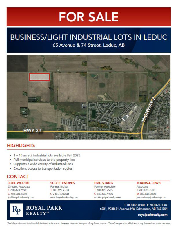 BUSINESS/LIGHT INDUSTRIAL LOTS IN LEDUC in Land for Sale in Edmonton