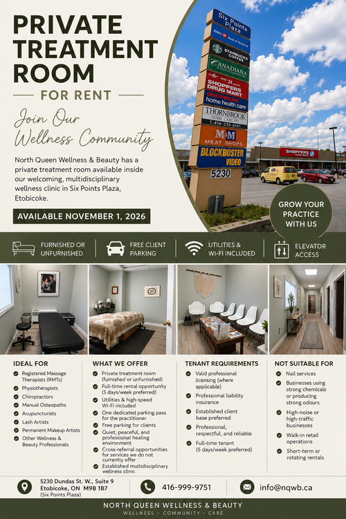 Available November 1, 2026 | Full-Time Preferred Private treatment room available for rent inside No...