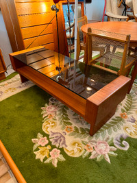 Mid century modern teak & smoked glass coffee table