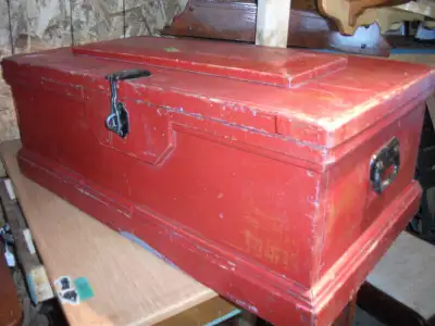 Several vintage wooden tool boxes, # 1 is 36.5 long, 13 h, 19 wide 100.00, # 2, 31 long 13.5 high, 1...