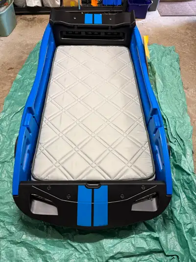 Delta Children Turbo Car Twin Bed, Blue, with frame and mattress, View more