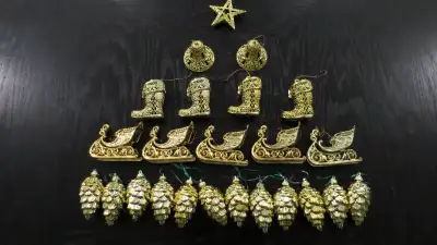 Christmas Tree Ornaments- Gold Star, Bells, Socks, Sled & Acorns, View more