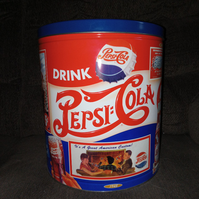 Vintage 1993 Pepsi Cola Advertising Popcorn Olive Tin Can 11x10 in Arts & Collectibles in Belleville