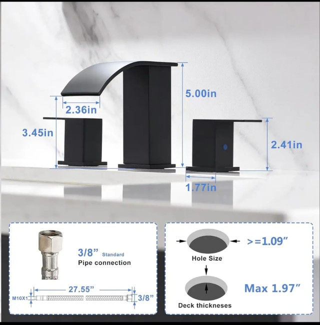 BRAVEBAR Black Waterfall Bathroom Faucet 3 Holes - 8Inch Widespr in Plumbing, Sinks, Toilets & Showers in Gatineau - Image 3