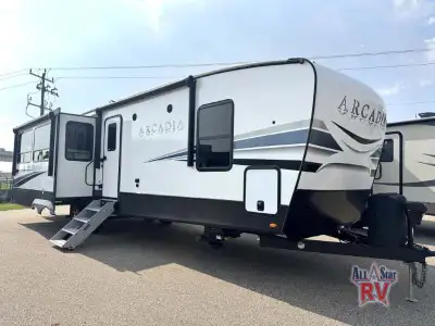 Keystone Arcadia travel trailer 377RL highlights: Theater Seating Curt Entry Steps Walk-In Bedroom C...