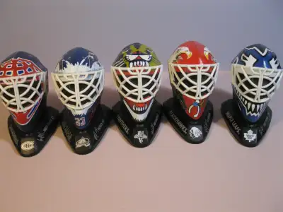 Five McDonalds NHL goalie helmuts/mask. Patrick Roy - Colorado Avalanche, Joycelyn Thibault - Canadi...