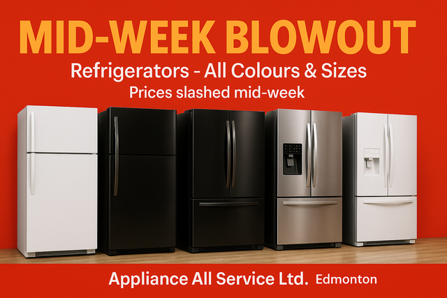 MID-WEEK BLOWOUT! Refrigerators – All Colours & Sizes – Warranty