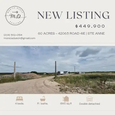 NEW LISTING! 42063 ROAD 41E, STE ANNE $449,900 Rare Opportunity! 60 Acres of Possibility This one-of...