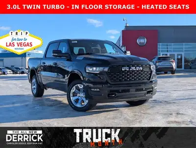 The 2026 Ram 1500 Big Horn Crew Cab in Diamond Black Crystal Pearl combines striking style with adva...