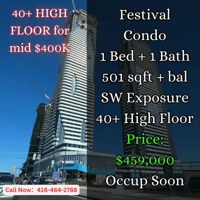 Festival Condos - Vaughan ✨ 1 Bedroom + 1 Bathroom 501 sqft + Balcony Southwest Exposure ️ 40+ High...