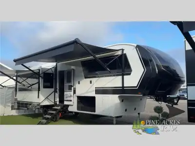 Brinkley Model Z 3200 fifth wheel highlights: L-Sofa with Five Recliners Flip-Up Countertop Fireplac...