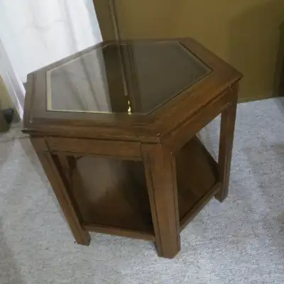 Hexagonal Wood End Table With Glass Top    Vintage, View more