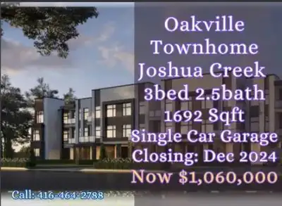 Rare 3-Storey Townhome in North Oakville’s Joshua Creek – Only $1.06M! Location: Dundas & 9th Line,...