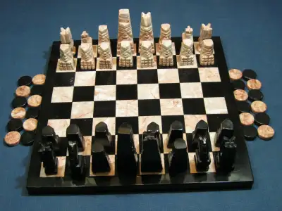 HAND MADE VINTAGE MARBLE SET OF CHESS AND CHECKERS. A TRUE MASTER PIECE FOR A CHAMPION PLAYER.