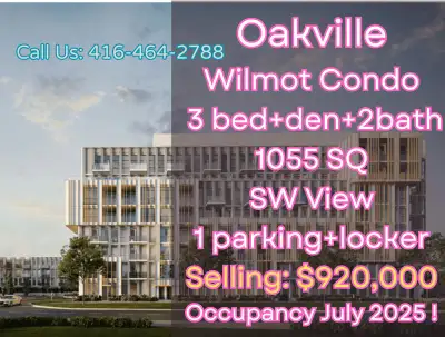 Price Drop! Wilmot Condo in Oakville for Sale at a Loss! ️ 3 Bedrooms + Den 2 Bathrooms ｜ Spacious 1...