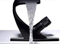 Matte Black Swan Bathroom Sink Faucet with Cover Plate, GIFTQOOL