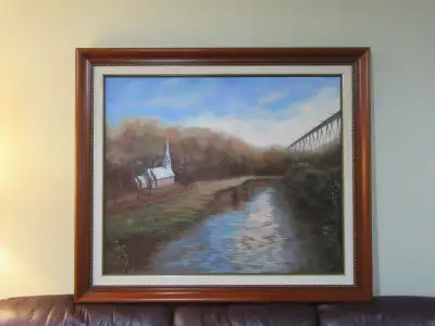 Belle peinture avec cadre sur toile de 44 X 38 pouces. Artiste L. Beaumont. Évaluation de $400 seule...