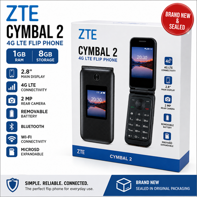 New ZTE Cymbal 2 2.8" 4G LTE Flip Phone – 1 GB RAM 8GB Storage, View more
