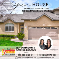 OPEN HOUSE Sun May 5 1-3 at 423 Sand Point Court, Windsor ON